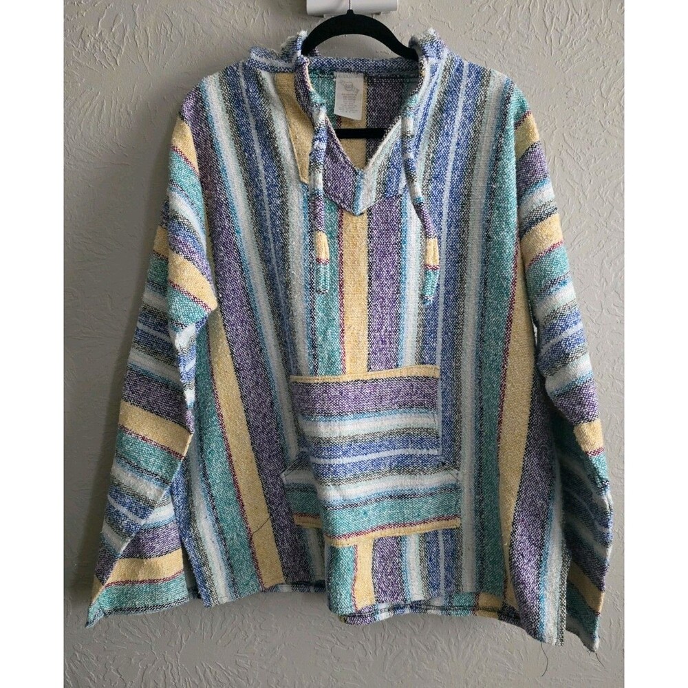 Vintage ROCO Women's XL Multi Striped Woven Baja Pullover Hoodie Mexican Theme
